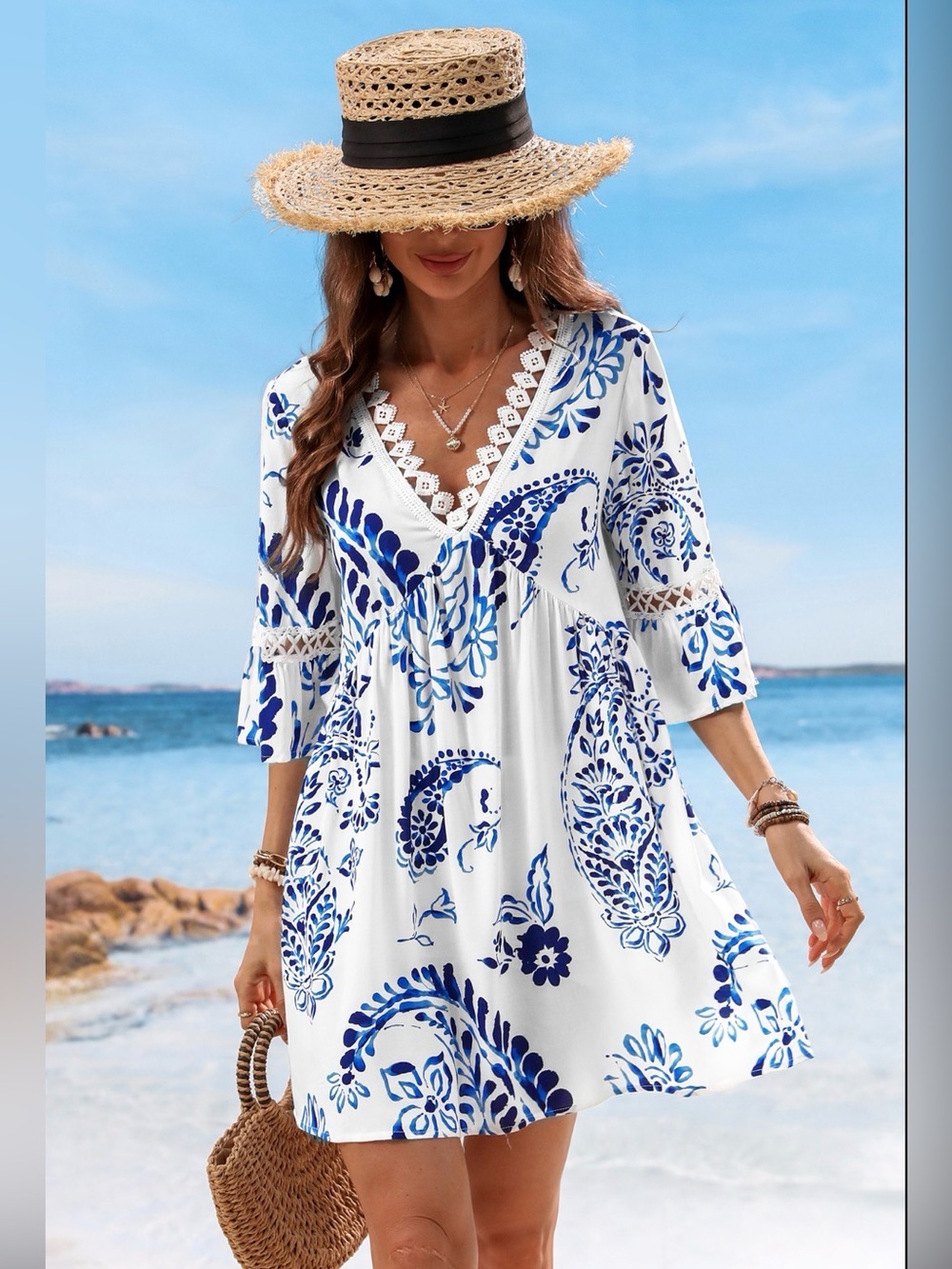 Cupshe White & Blue Floral Crochet-Trim Swim Coverup NWT
